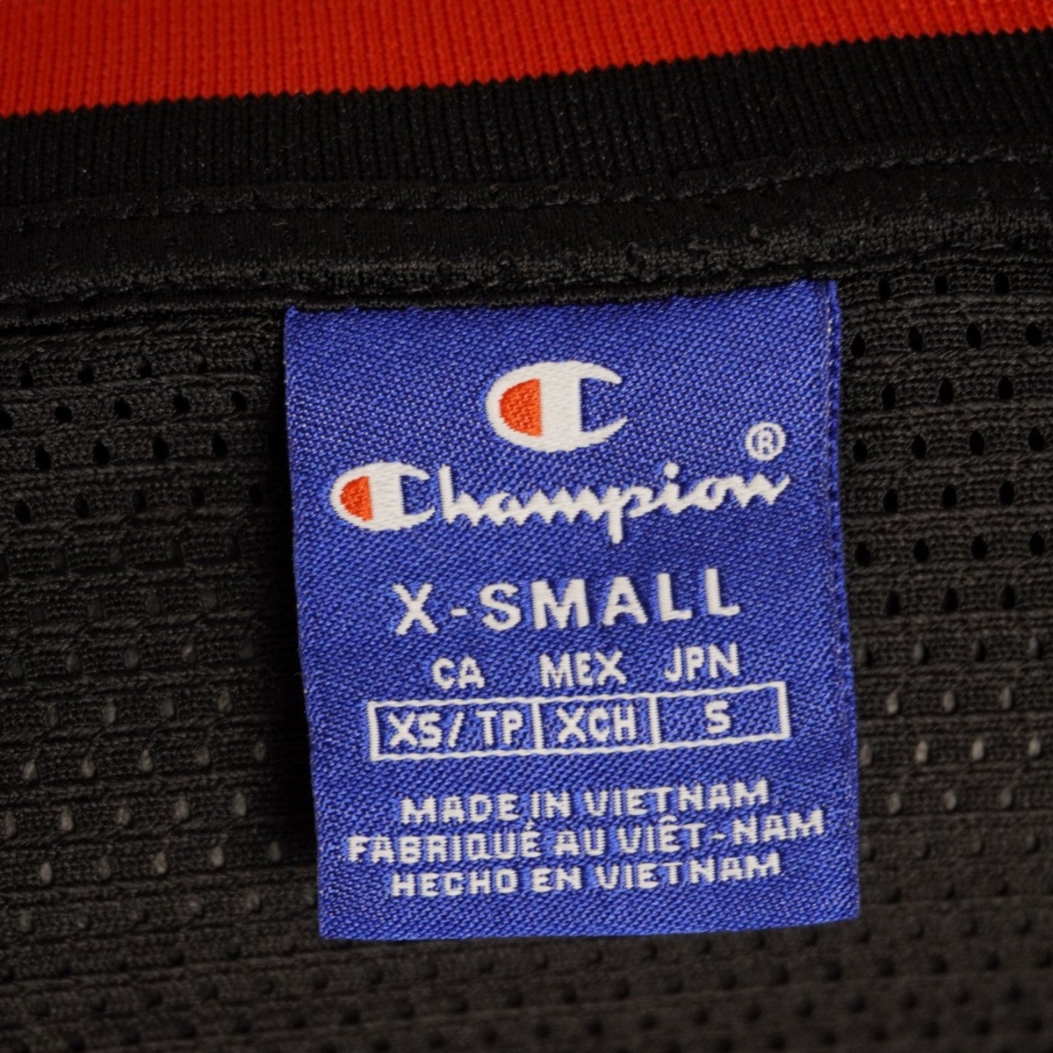 Primo piano dell'etichetta interna blu rettangolare Champion che indica la taglia X-Small.
