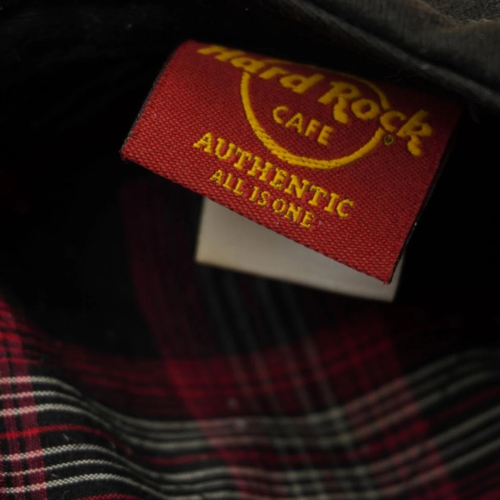 Etichetta interna rossa originale Hard Rock Cafe Authentic All Is One su fodera a quadri tartan