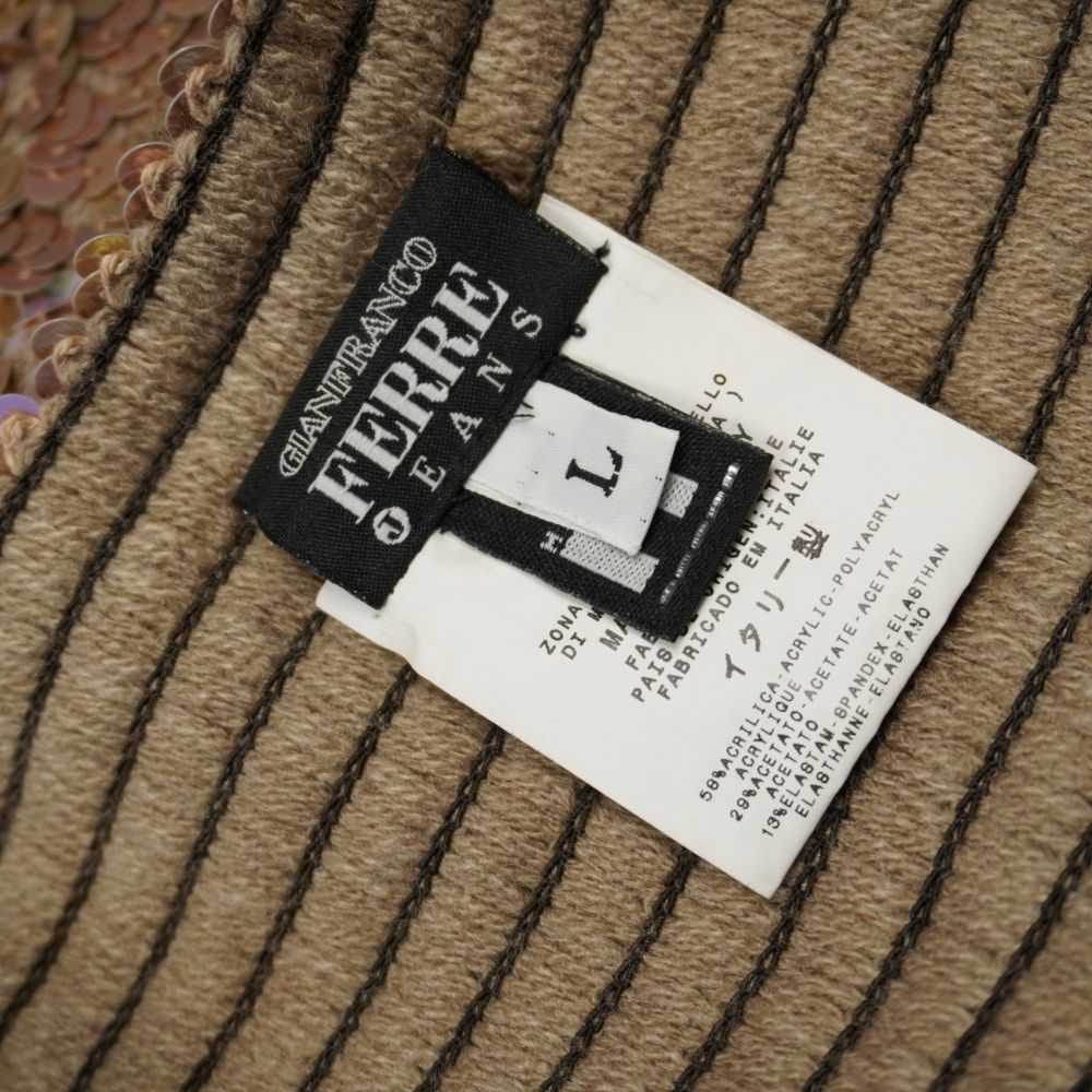 Etichetta interna d'archivio Gianfranco Ferré Jeans che mostra la taglia L e la composizione del tessuto elastico.