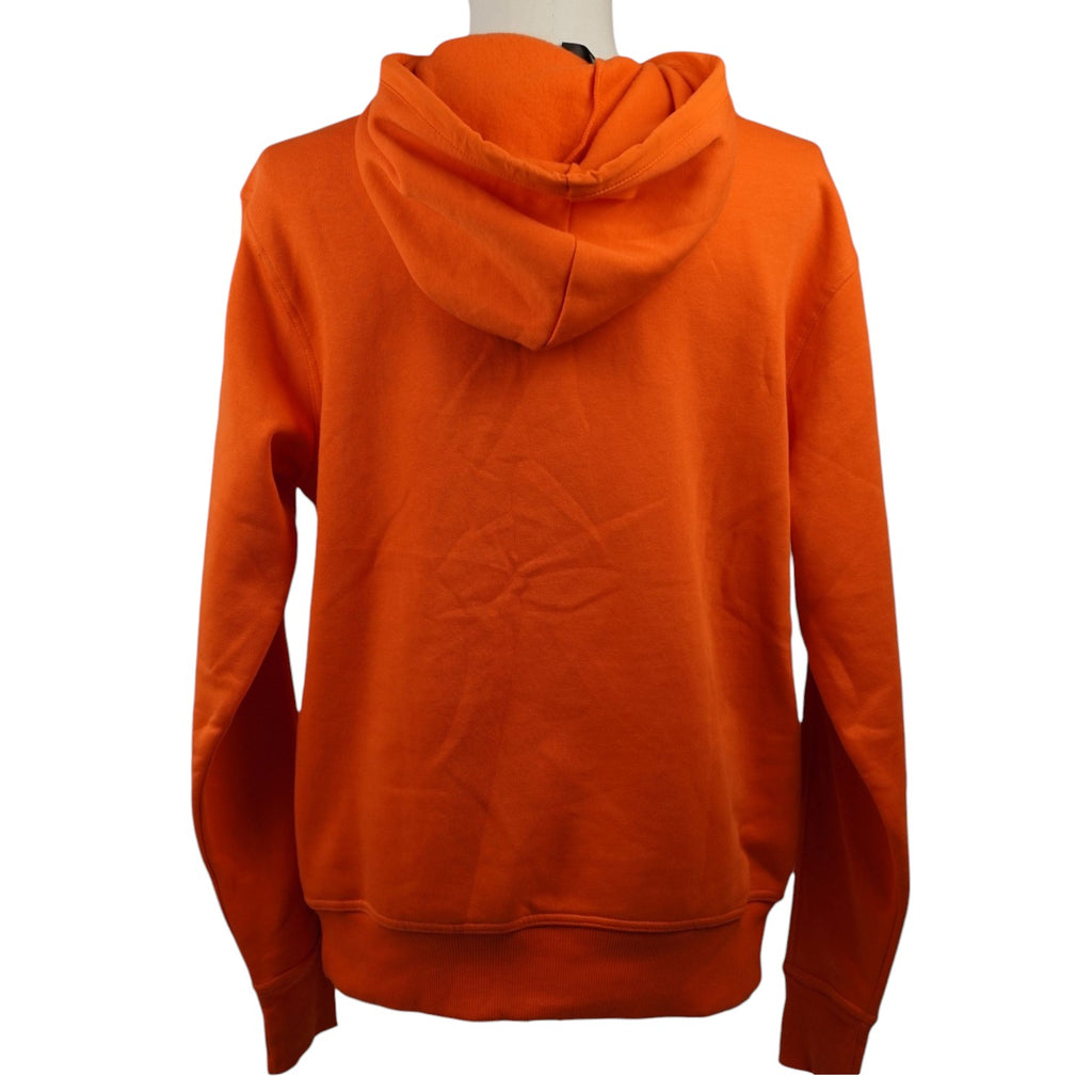 Felpa con cappuccio adidas Essentials BrandLove arancione, vista posteriore completa su manichino.