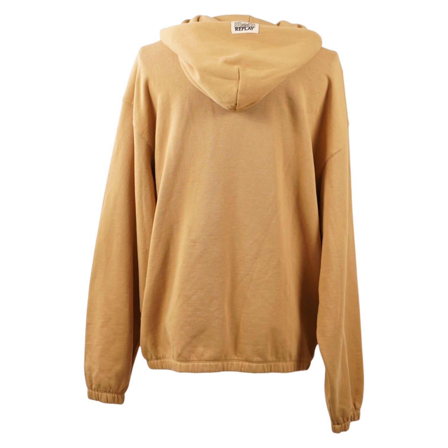 Vista posteriore della felpa beige Replay che mostra la linea ampia e il cappuccio fisso.