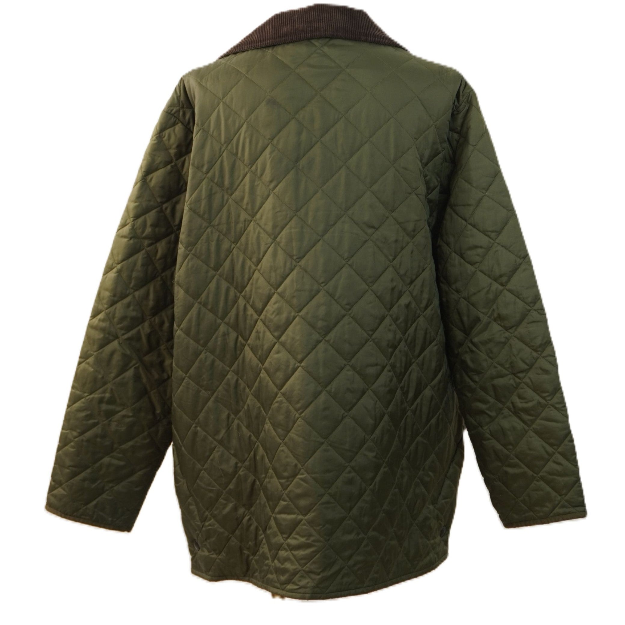 Vista posteriore della giacca trapuntata a rombi Barbour Liddesdale verde oliva che mostra il taglio slim fit d'archivio.