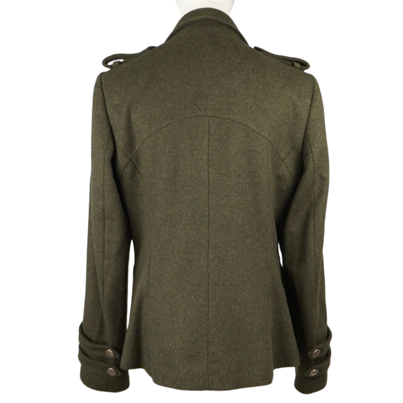 Vista posteriore del blazer militare Barbour in panno di lana con cuciture sagomate e spalline.