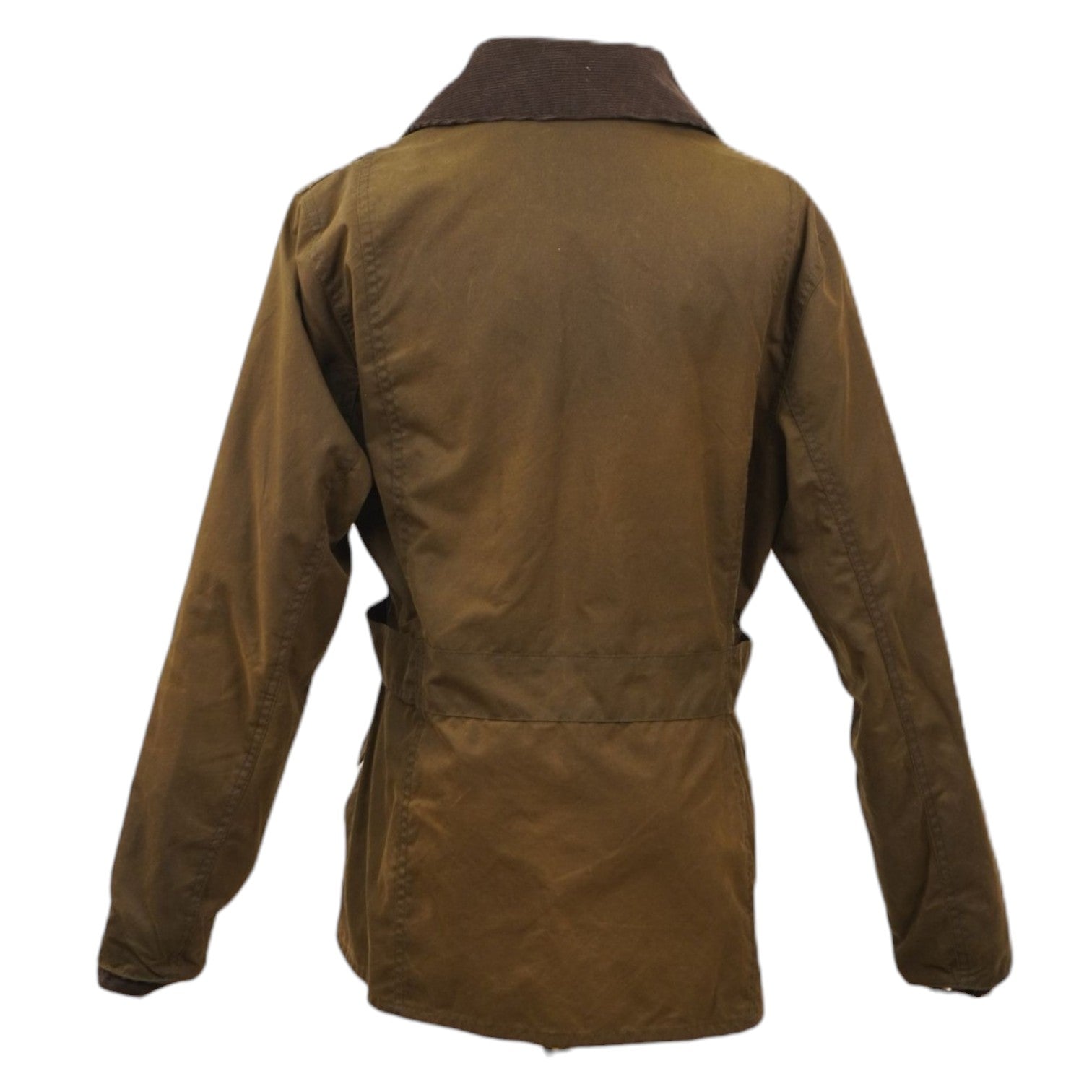 Vista posteriore della giacca Barbour marrone che mostra il taglio sciancrato e i dettagli di regolazione in vita.