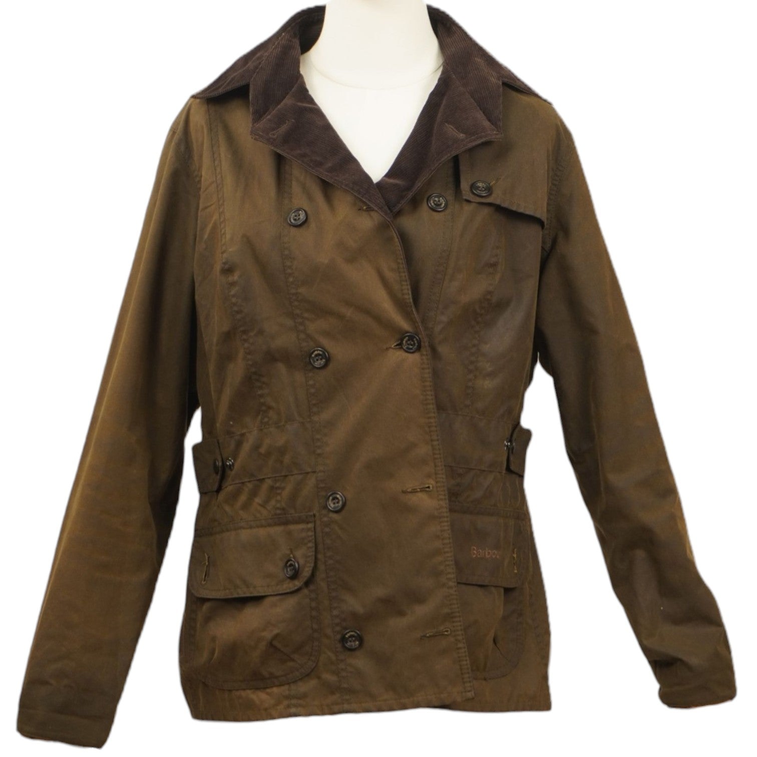 Vista frontale della rara giacca Barbour da donna a doppiopetto in cotone cerato marrone con colletto in velluto.