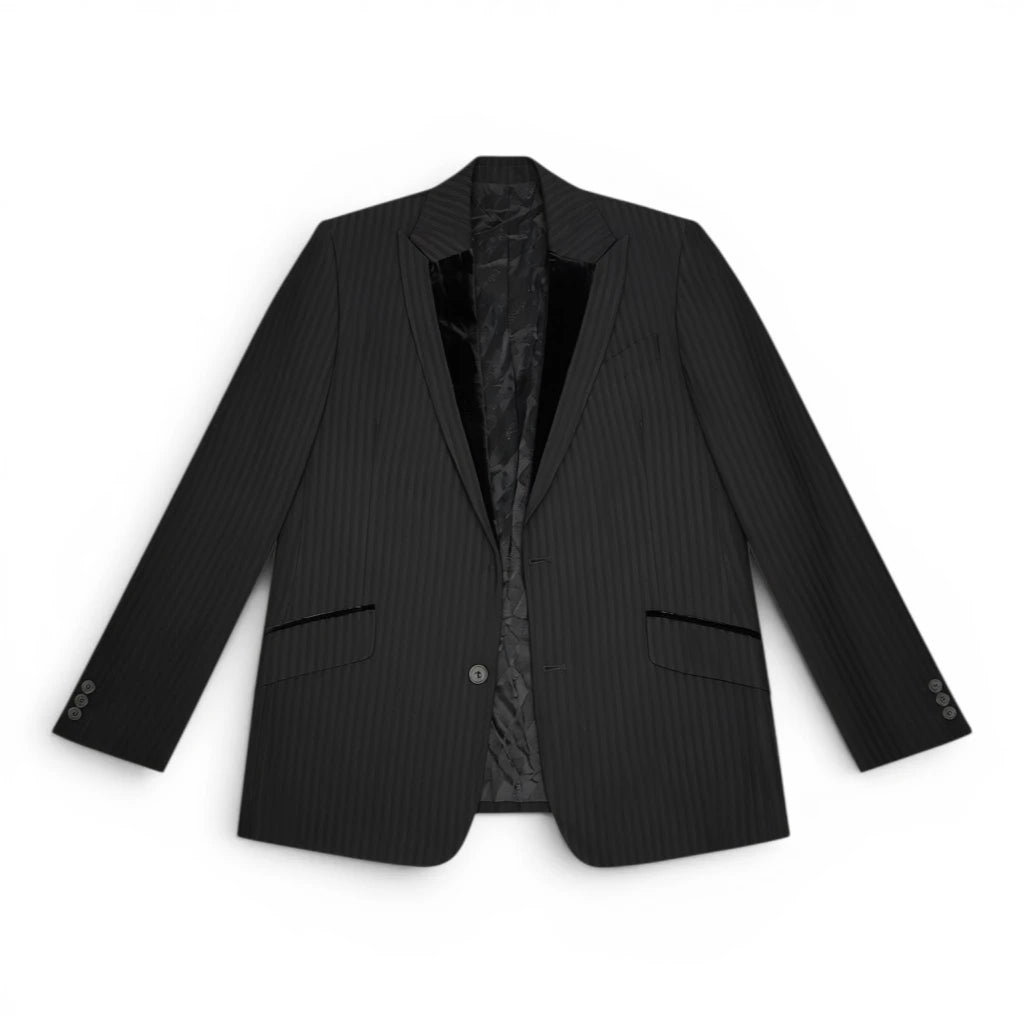 Giacca monopetto uomo gessata nera marca D&G Dolce e Gabbana con revers in velluto