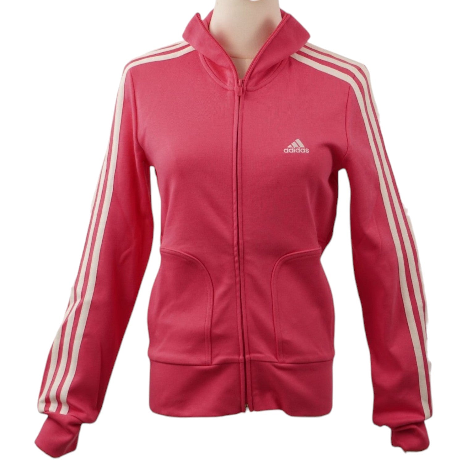  Vista frontale della giacca sportiva rosa Adidas da donna con cerniera e tre strisce bianche sulle maniche.