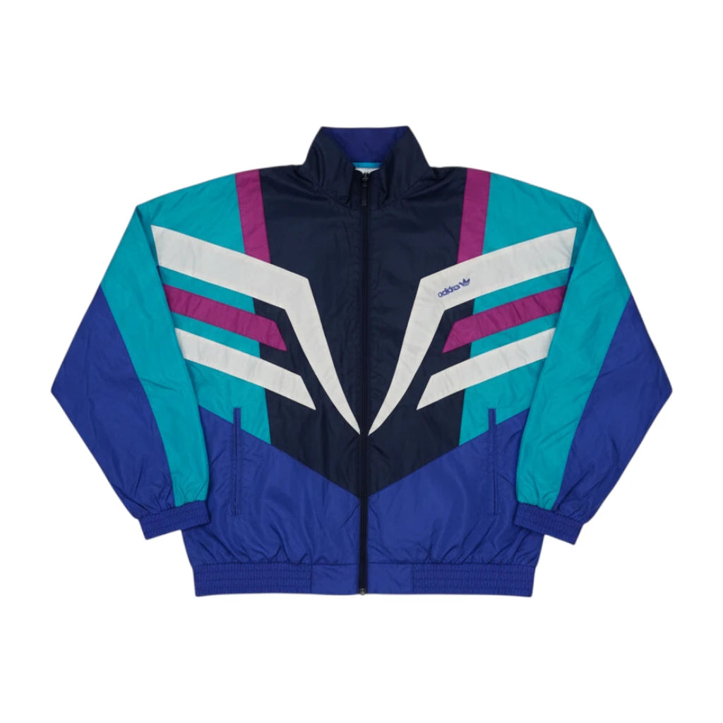 Giacca della tuta Adidas vintage anni 90 colorblock viola verde e blu elettrico vista frontale
