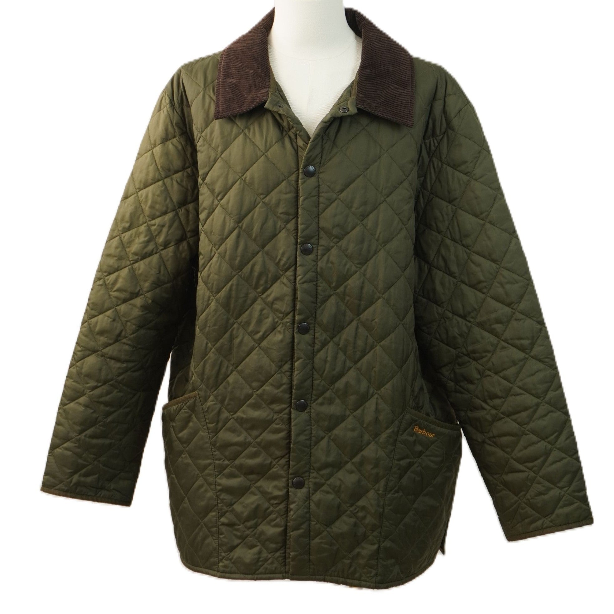 Giacca uomo Barbour Heritage Liddesdale trapuntata verde oliva con colletto in velluto a coste marrone e bottoni a pressione.