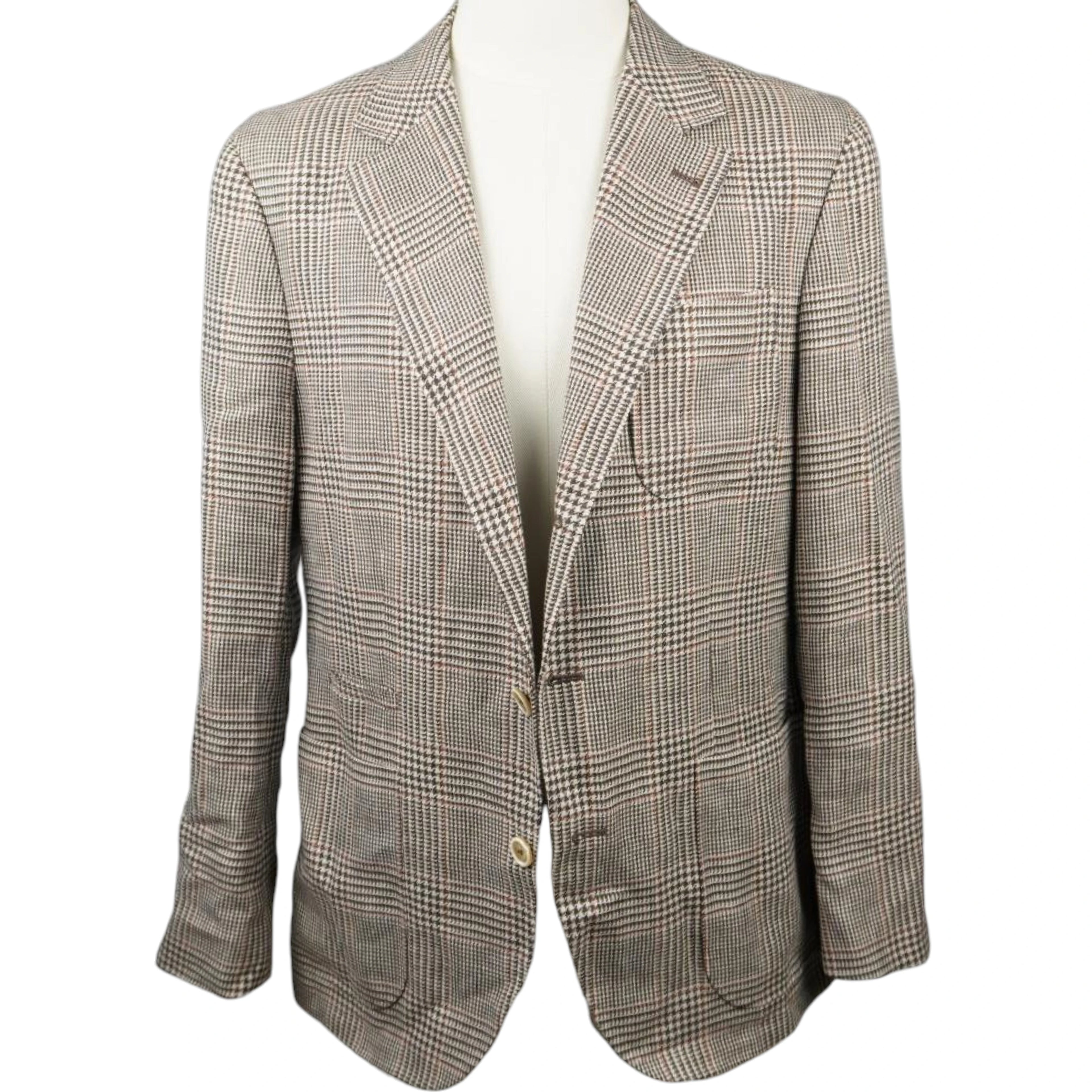 Giacca sartoriale da uomo Brunello Cucinelli Principe di Galles marrone e beige monopetto a due bottoni, vista frontale.