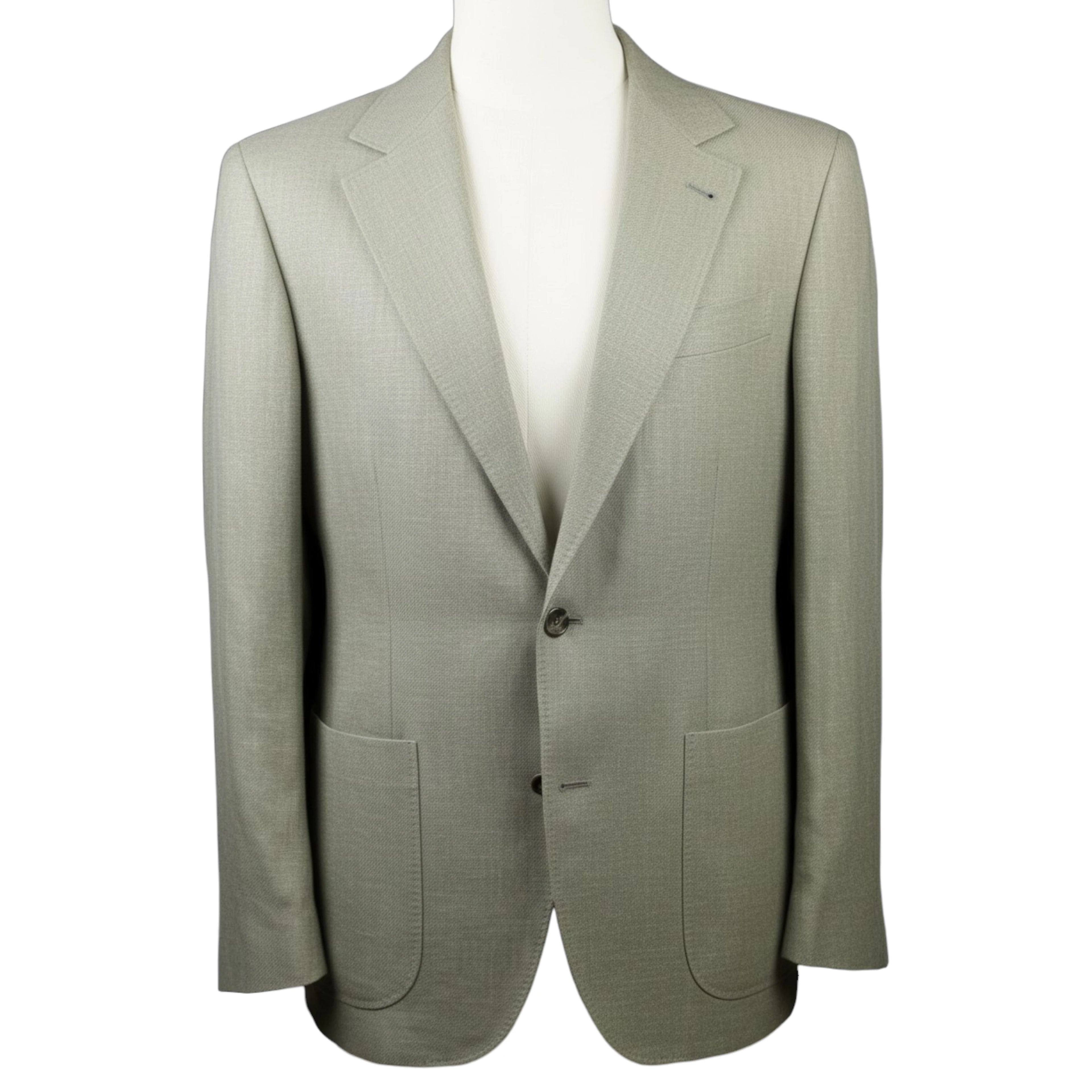 Giacca sartoriale da uomo Brunello Cucinelli verde salvia chiarissimo monopetto a due bottoni con tasche a toppa, vista frontale.