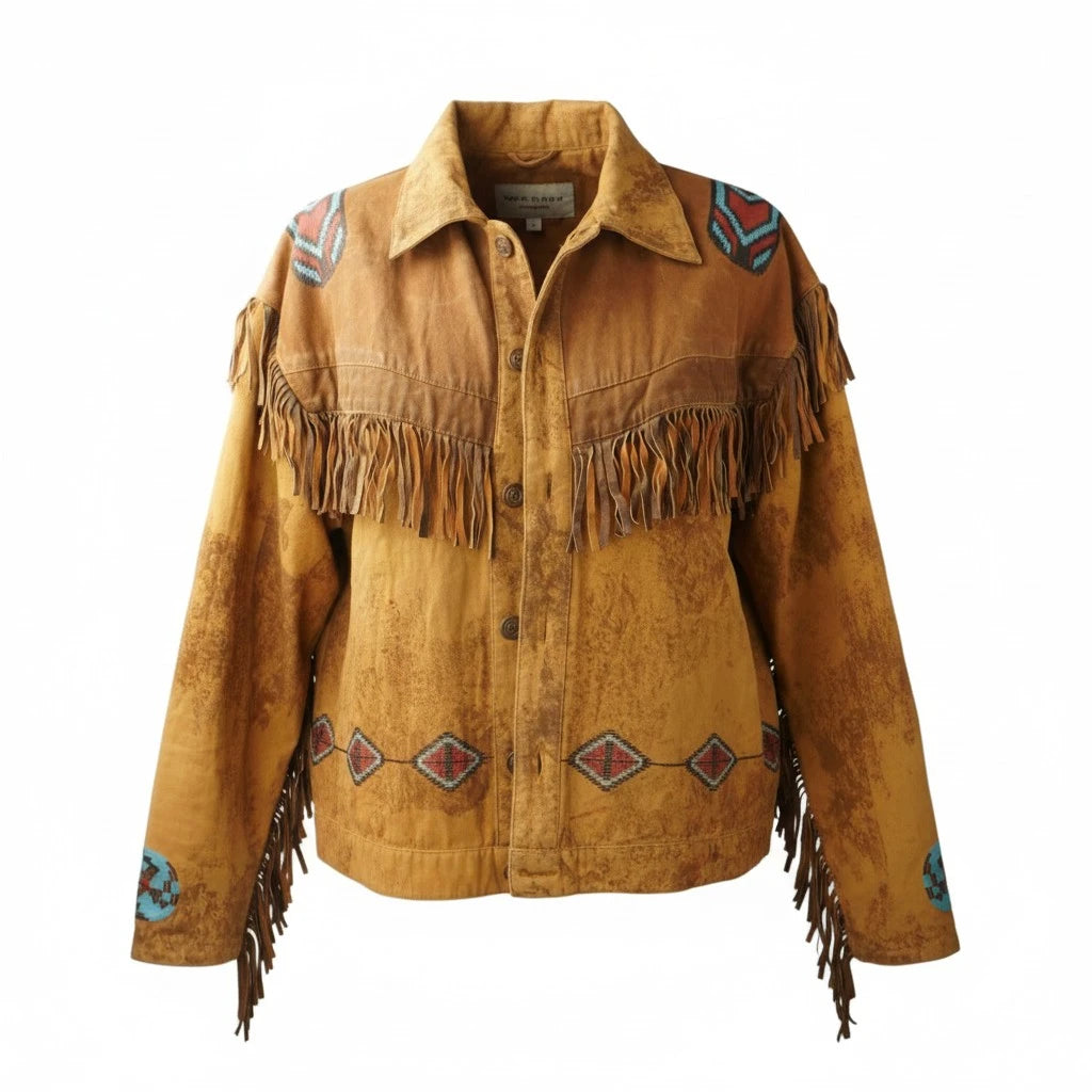 Giacca western ocra del brand Blackfoot vista frontalmente, realizzata in cotone pesante effetto scamosciato con lunghe frange sul petto e ricami geometrici in vita.