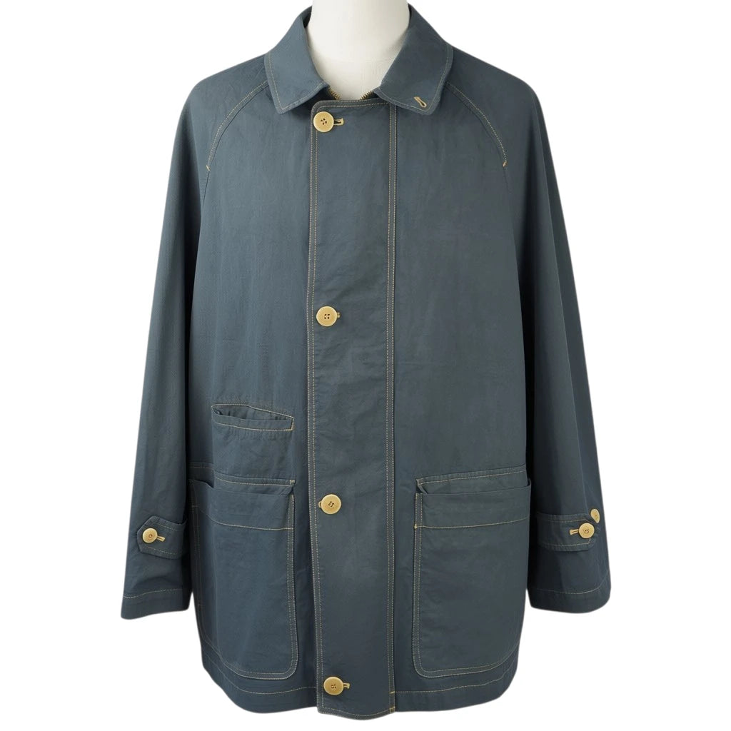 Giacca worker da uomo Burberrys d'archivio vintage in cotone resinato blu petrolio con cuciture a contrasto e tasche a toppa