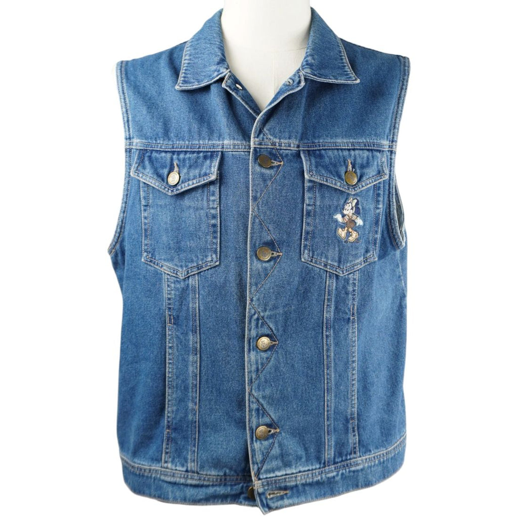 Gilet in jeans vintage Donaldson Disney visto di fronte su manichino con bottoni metallici e ricamo di Minni sulla tasca.