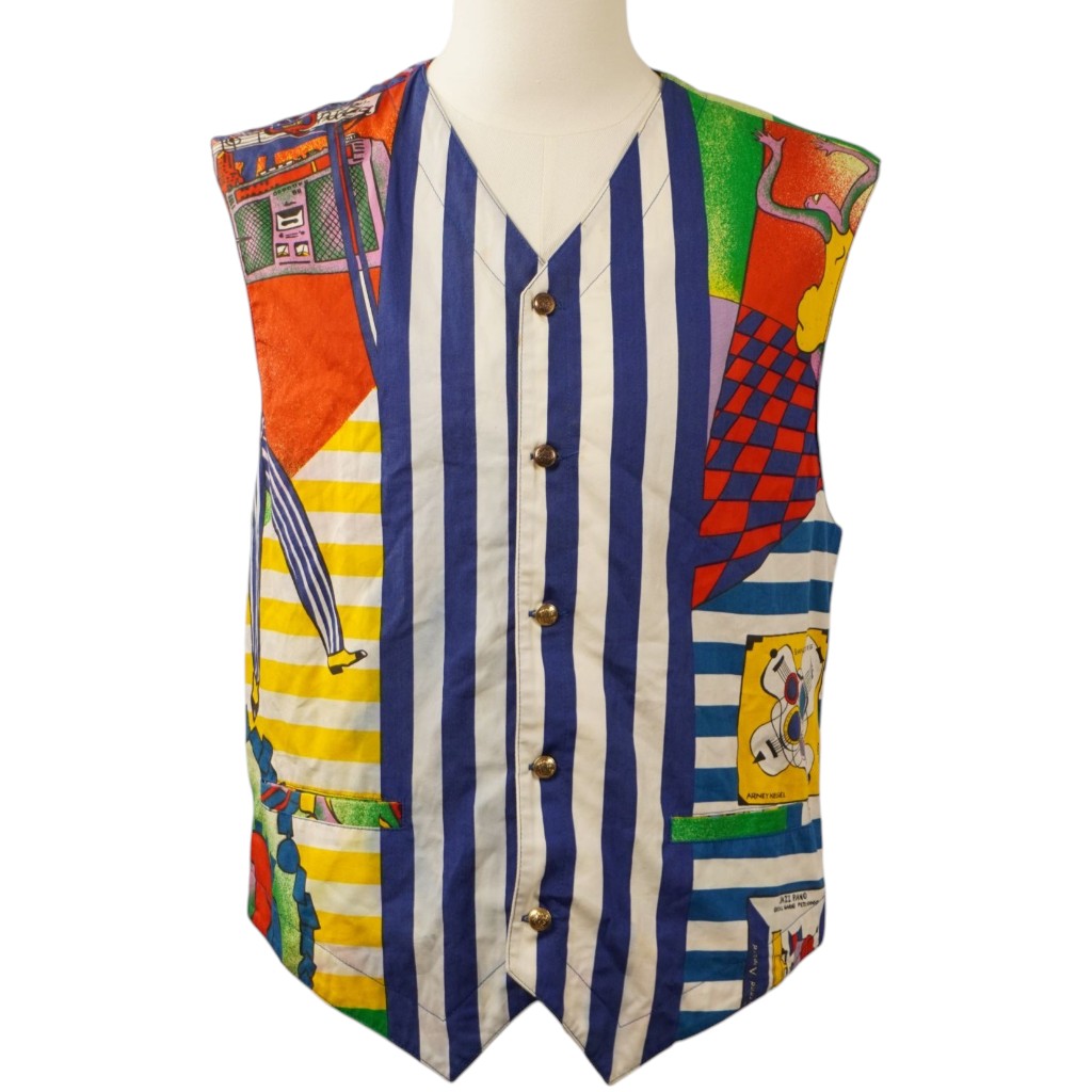 Gilet d archivio Versace Jeans Couture collezione 1995 stampa Jazz Age con righe blu e motivi multicolore