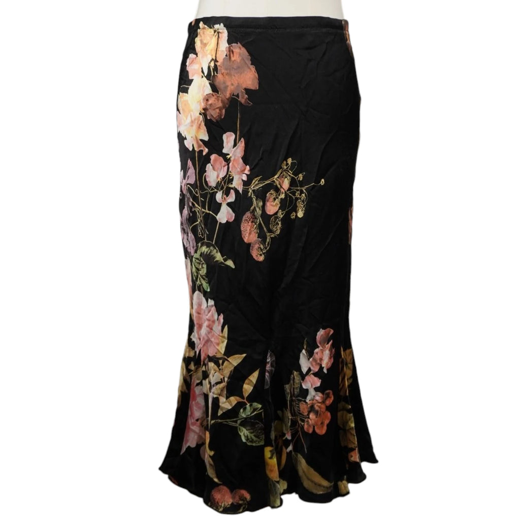 Gonna midi in pura seta nera Roberto Cavalli Prima Linea con stampa floreale artistica, vista frontale su manichino.