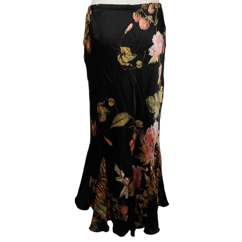 Retro della gonna slip midi in seta Roberto Cavalli, mostra la silhouette fluida a sbieco e il fondo svasato a sirena.