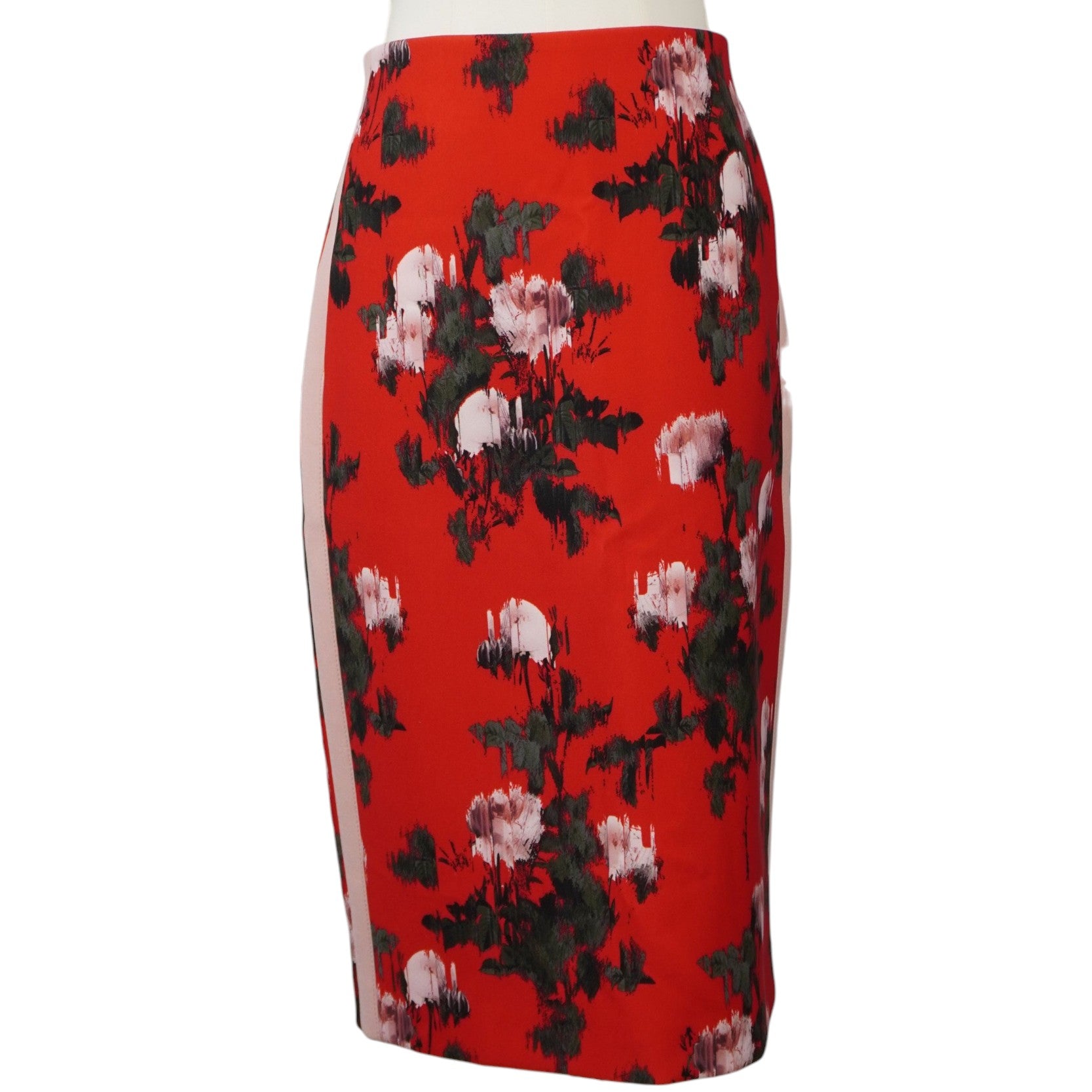 Gonna a tubino HUGO Hugo Boss modello Rianas con vivace stampa floreale rossa e grigia, vista frontale.