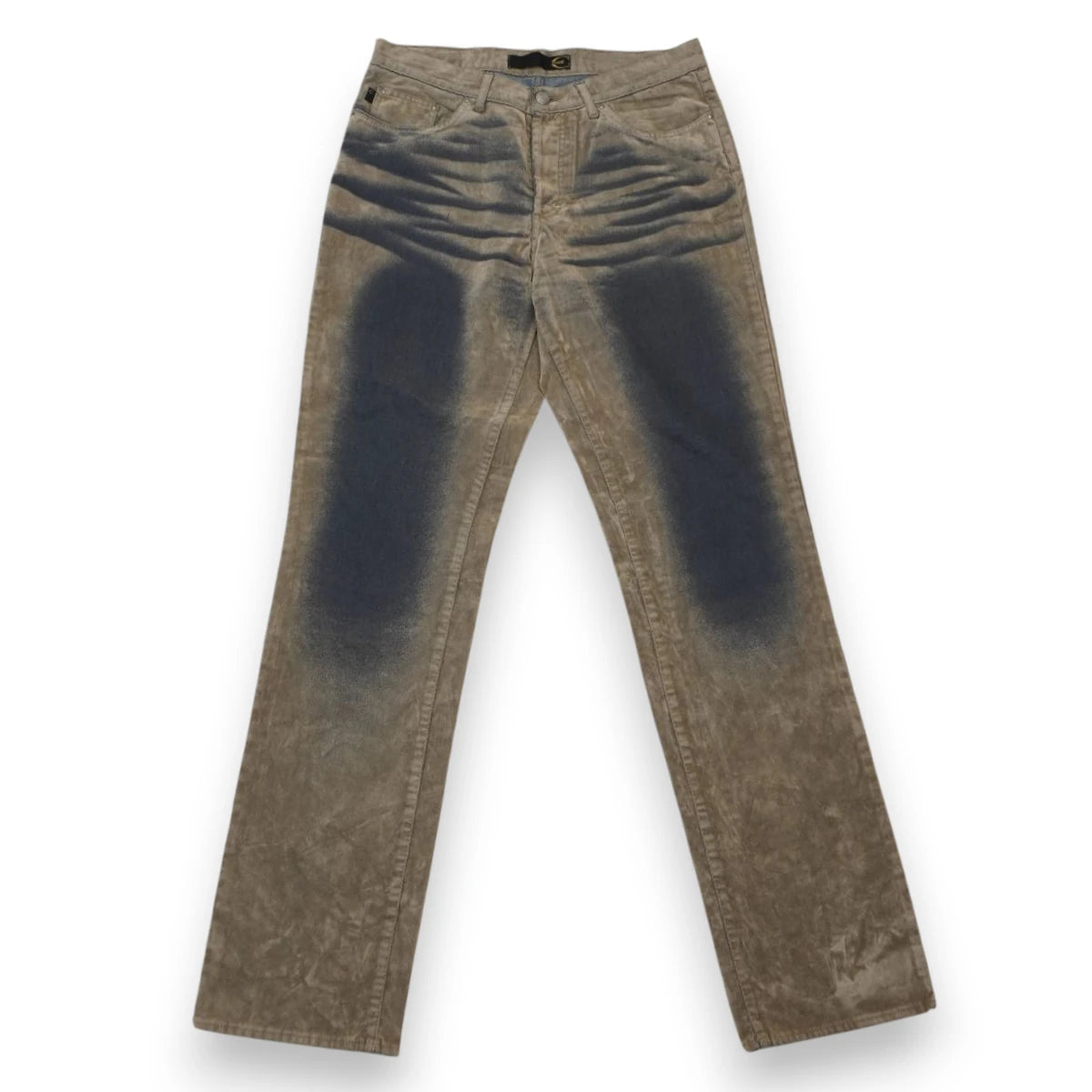 Jeans d'archivio Just Cavalli di colore beige con finitura marmorizzata a effetto scamosciato e lavaggio sfumato ad aerografo blu scuro sul davanti.