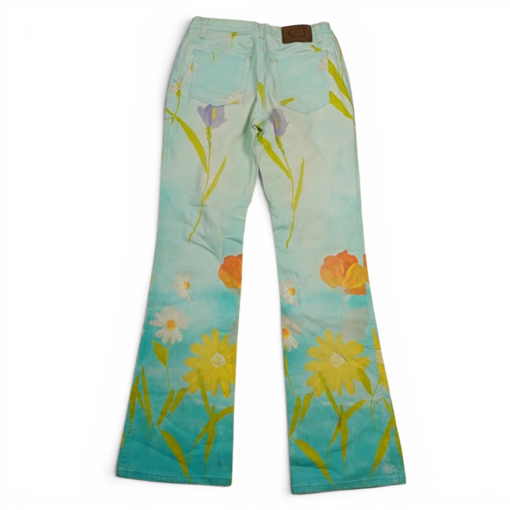 Retro dei jeans a zampa d'elefante Cavalli Jeans vintage con stampa floreale dipinta e patch in pelle