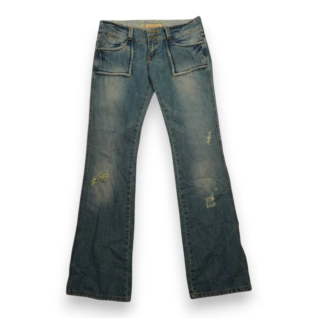 Vista frontale dei jeans a zampa Yes Miss vintage a vita bassa con grandi tasche applicate e dettagli scuciti