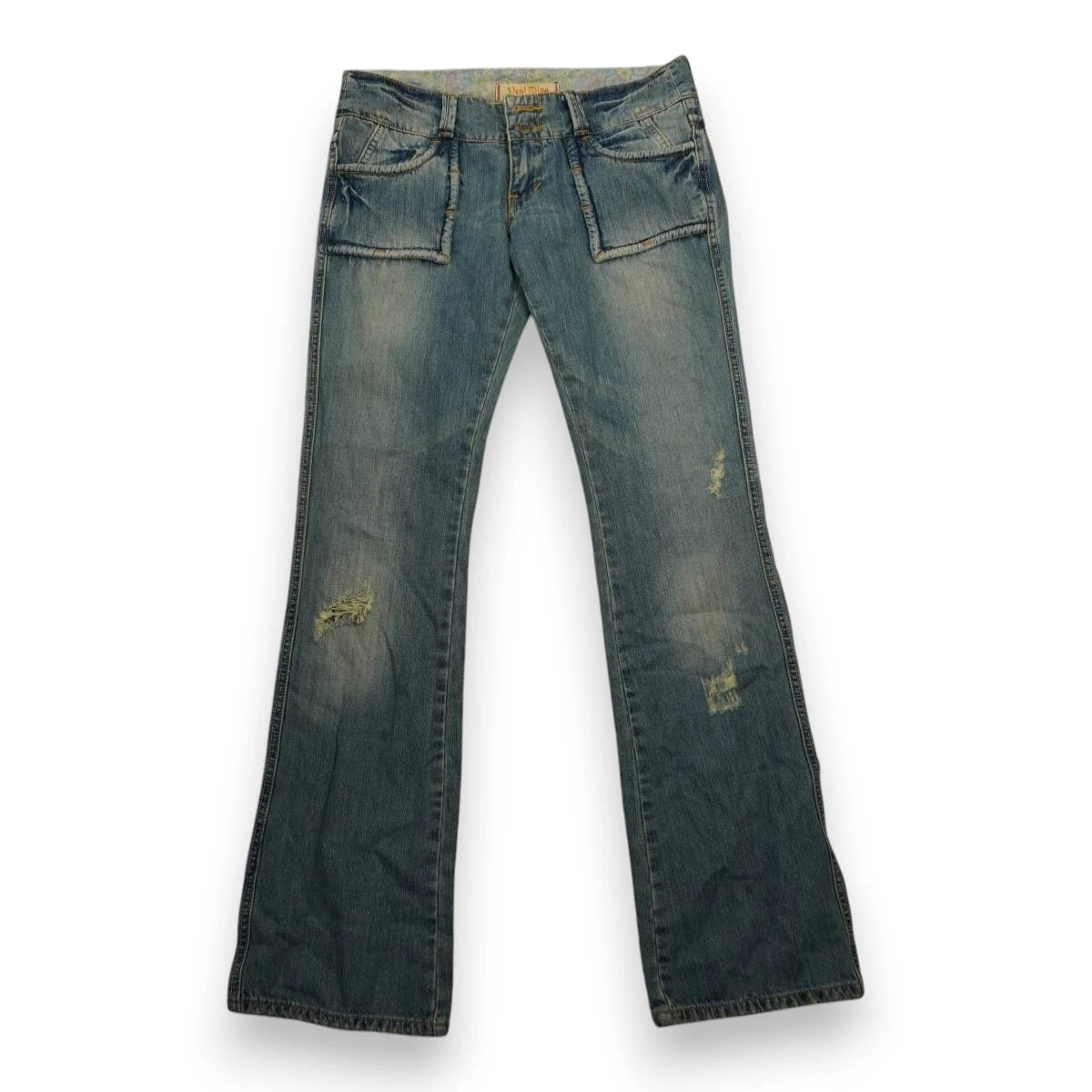 Vista frontale dei jeans a zampa Yes Miss vintage a vita bassa con grandi tasche applicate e dettagli scuciti