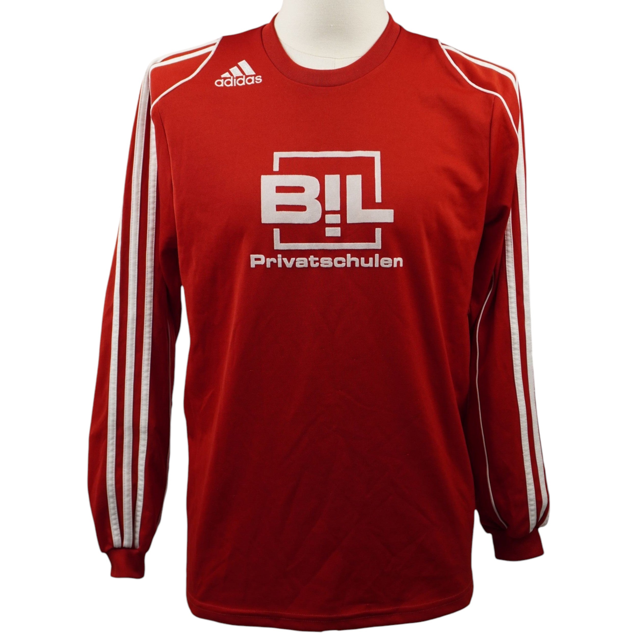 Maglia da calcio a maniche lunghe adidas del 2008 rossa con sponsor BIL bianco sul fronte e tre strisce sulle maniche