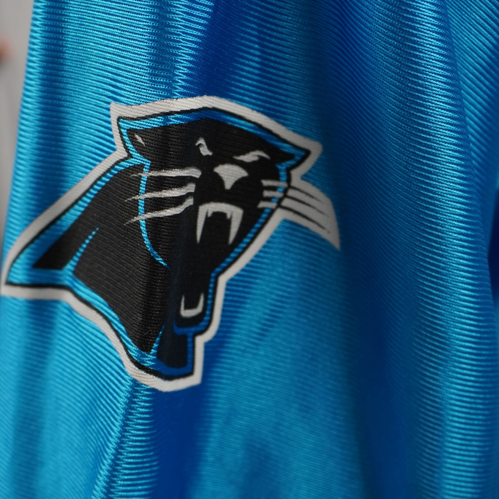 Dettaglio del logo vintage dei Carolina Panthers stampato sulla manica della maglia Reebok.