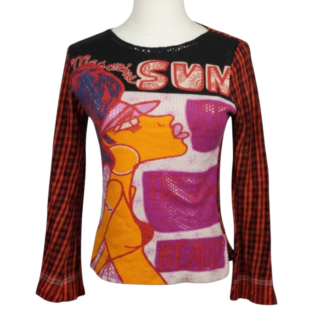 Vista frontale della maglia Custo Barcelona vintage a maniche lunghe con stampa pop art e paillettes