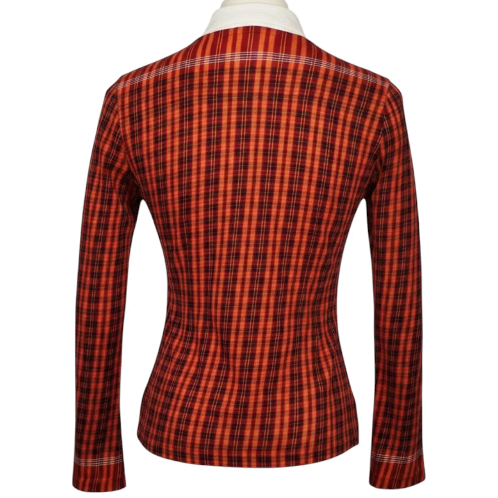 Vista posteriore della maglia vintage Custo Barcelona interamente lavorata con motivo scozzese rosso e nero