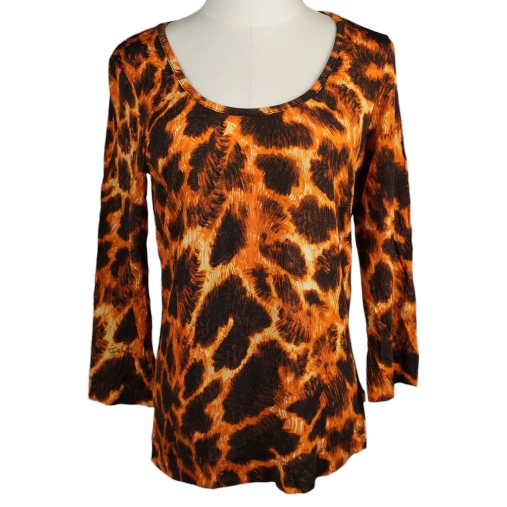 Maglia Just Cavalli vintage da donna taglia XXL con stampa animalier arancione e nera vista frontale