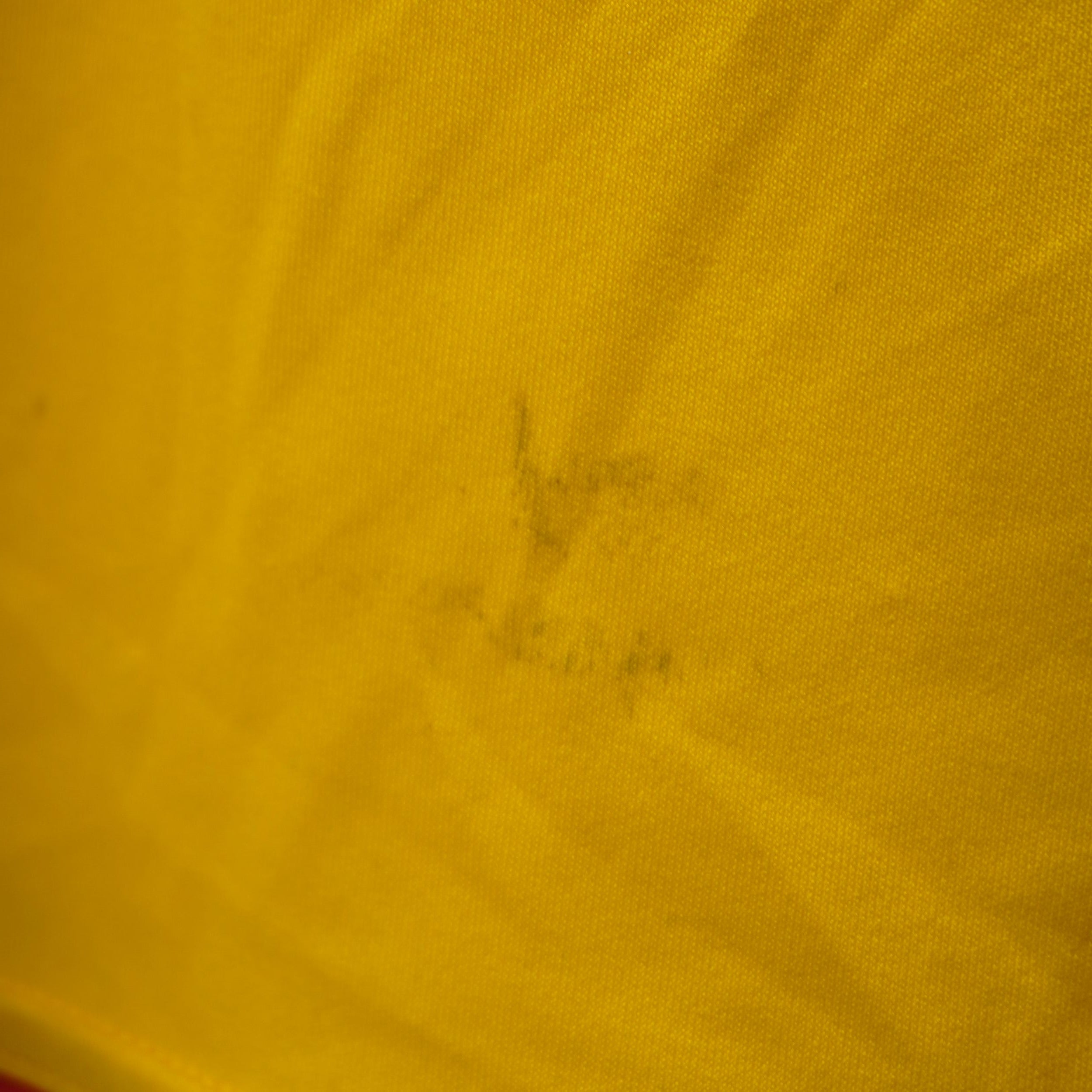 Evidenza fotografica della piccola macchia grigia sulla parte inferiore frontale del tessuto giallo.