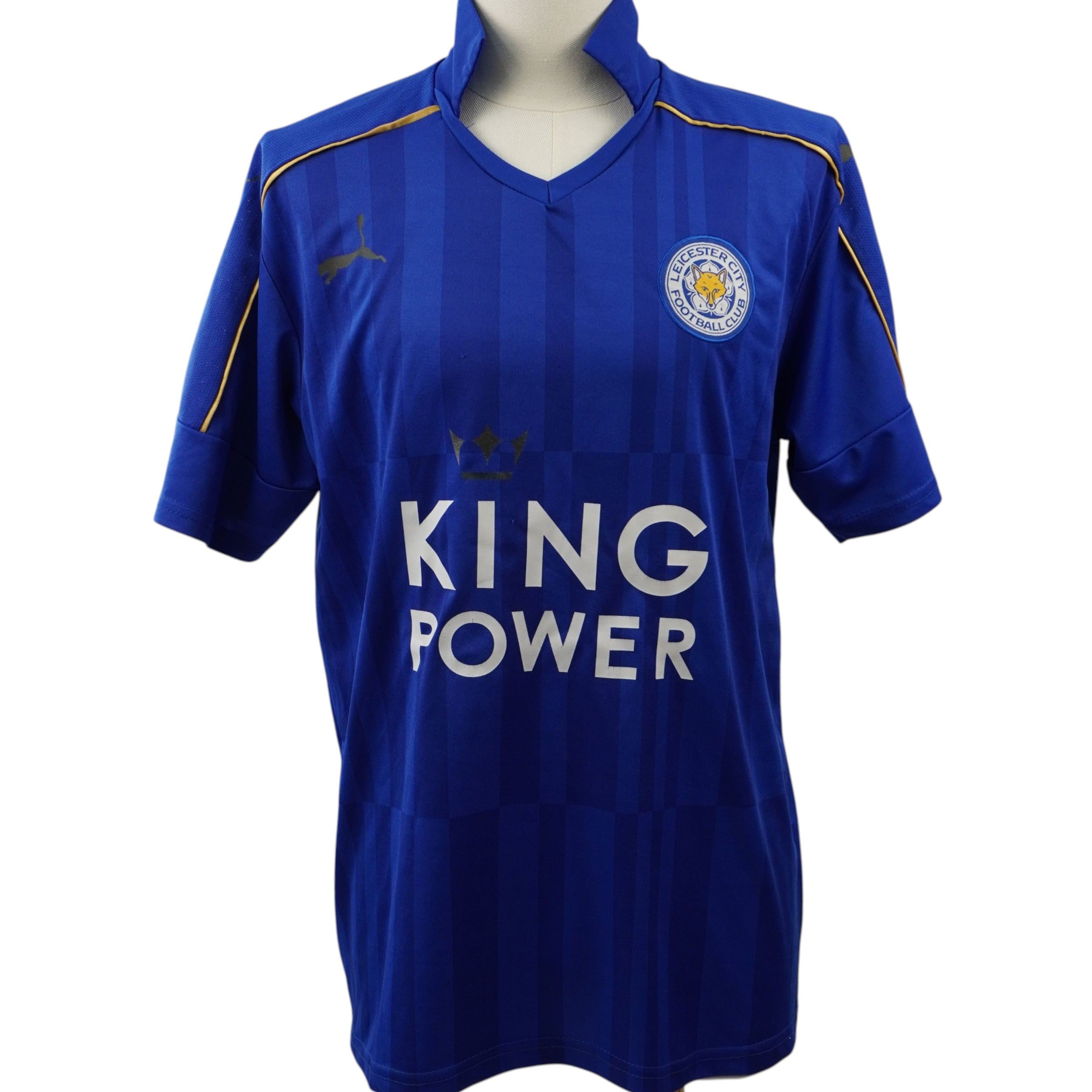 Maglia Home del Leicester City stagione 2016-2017 blu con sponsor King Power, vista frontale intera.