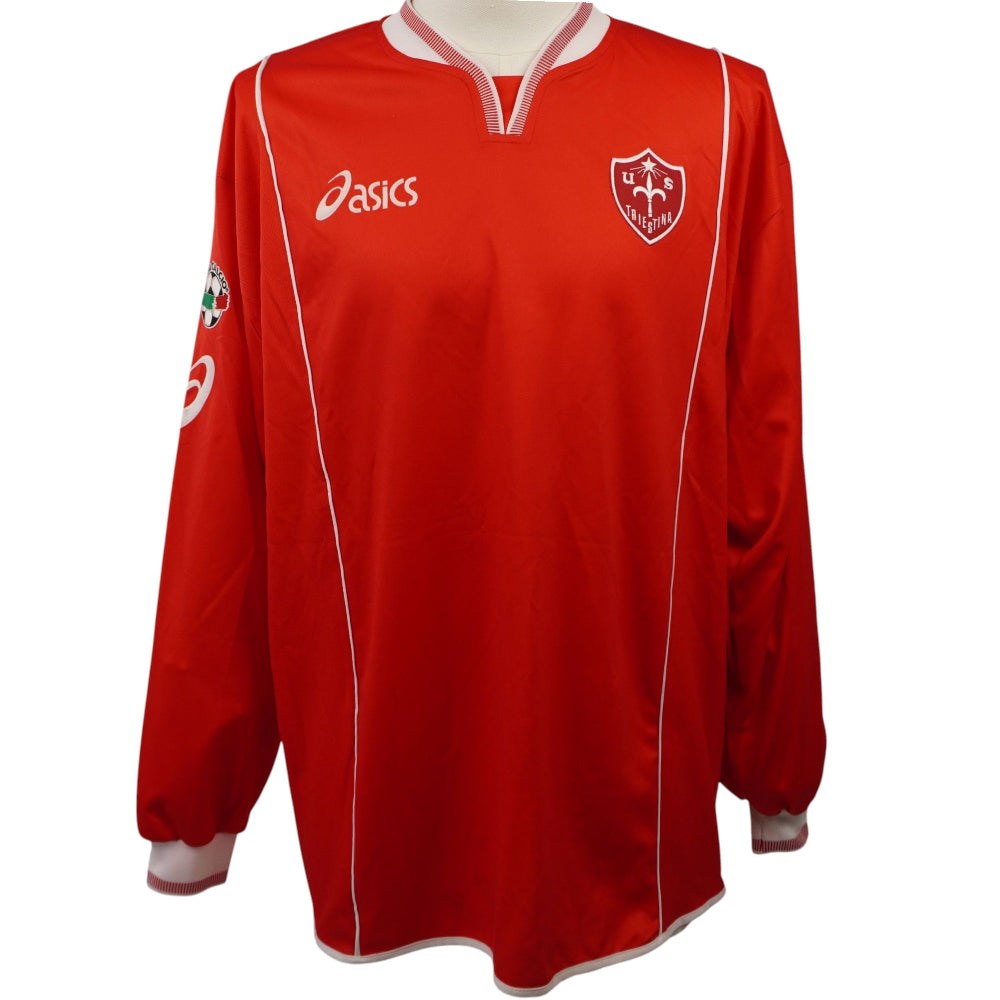 Fronte della maglia rossa a maniche lunghe della Triestina Calcio 2002/03 con loghi Asics.