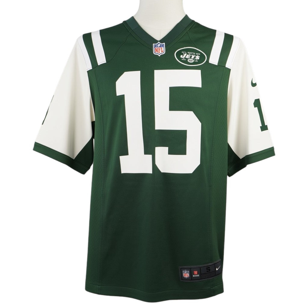 Vista frontale della maglia da gioco da uomo Nike dei New York Jets di Tim Tebow numero 15 verde e bianca.