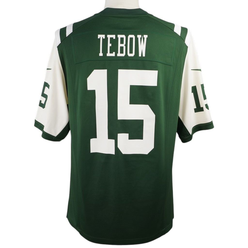 Vista posteriore della maglia da football americano Nike con nome Tebow e numero 15 dei New York Jets.