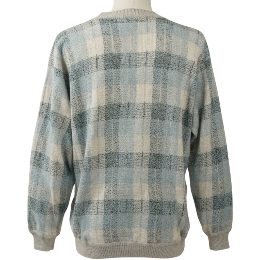 Maglione vintage Yves Saint Laurent Tricots con motivo a quadri, vista posteriore completa su manichino.
