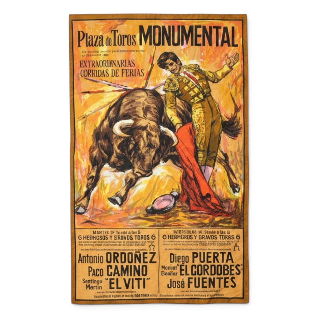 Visione d'insieme del manifesto della corrida vintage su tessuto della Plaza de Toros Monumental di Barcellona anni 60.