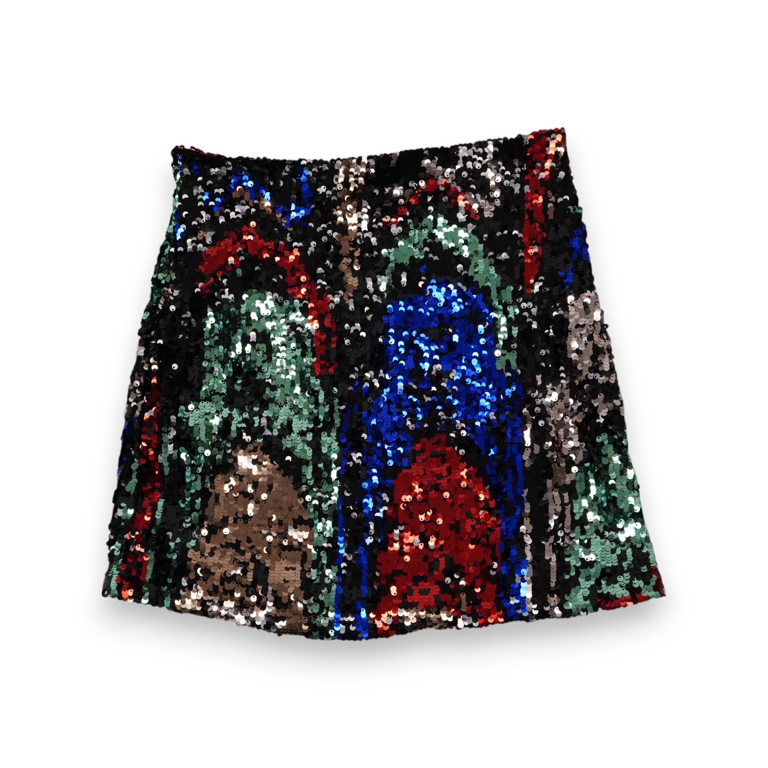 Minigonna Desigual modello FAL_FIESTA con mosaico di paillettes blu, rosse e verdi su fondo nero, vista frontale.