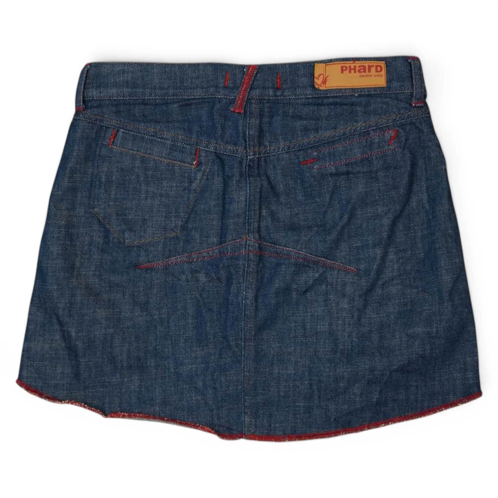 Retro della minigonna in denim Phard con cuciture rosse a punta e salpa in cuoio