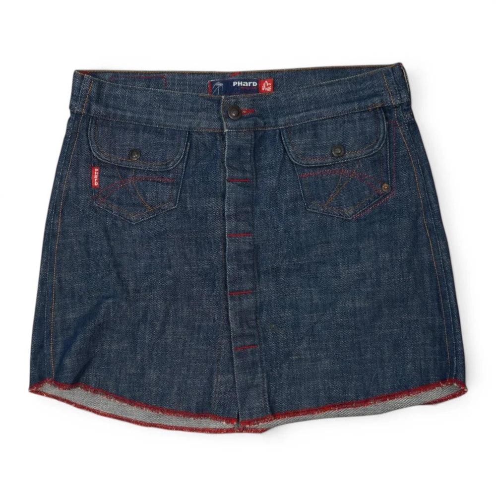 Minigonna di jeans scuro marca Phard vintage stile Y2K vista frontale con tasche anteriori