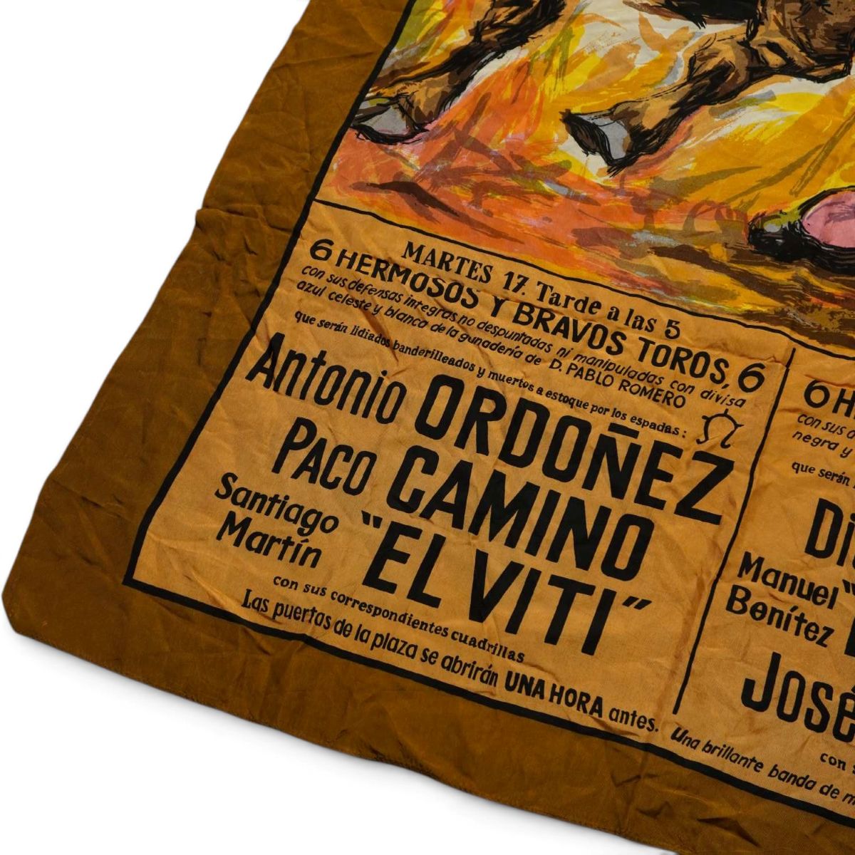  Dettaglio del programma di Martedì 17 con i nomi dei famosi toreri Antonio Ordóñez, Paco Camino e El Viti.