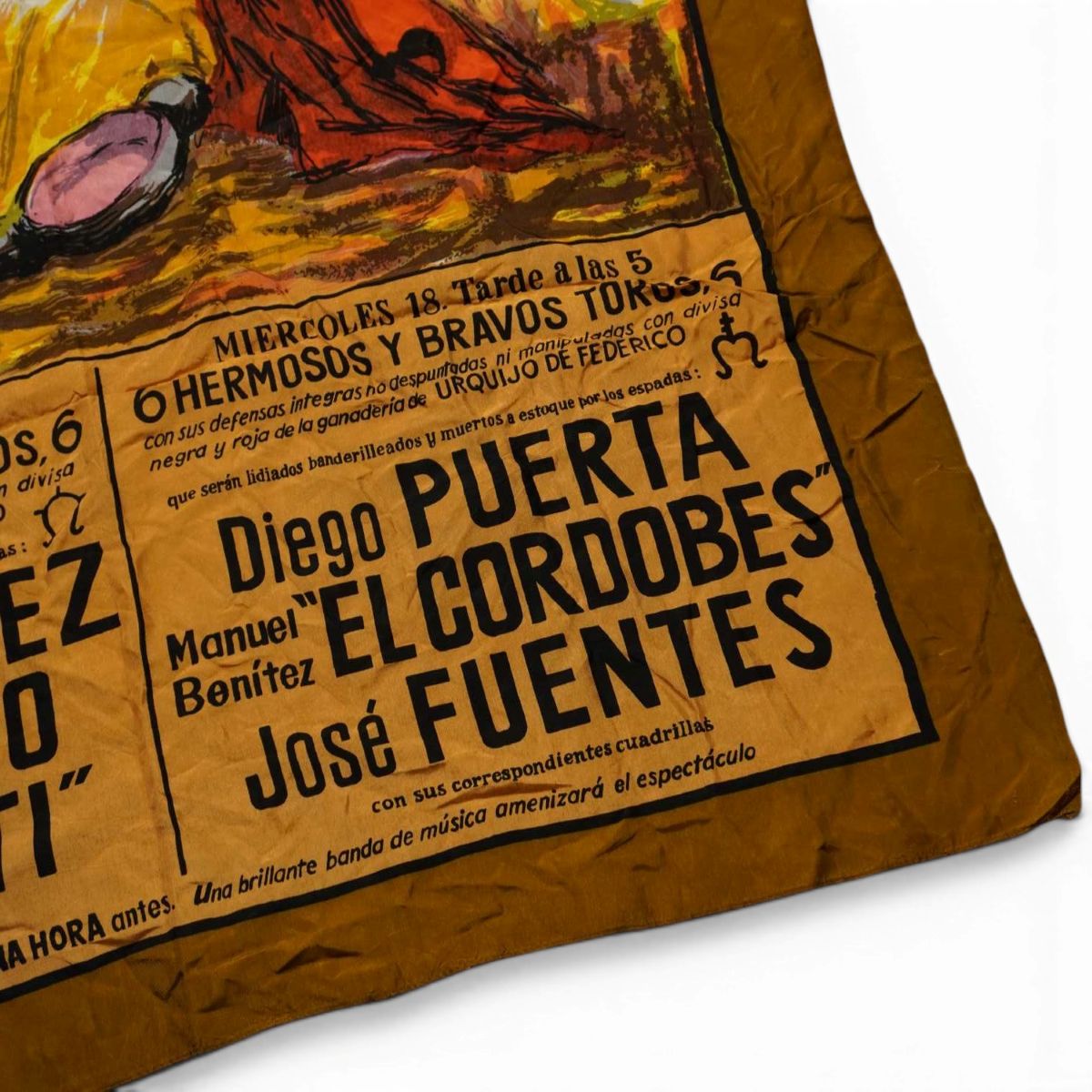 Primo piano del testo di Mercoledì 18 con i nomi dei matador Diego Puerta, El Cordobés e José Fuentes.