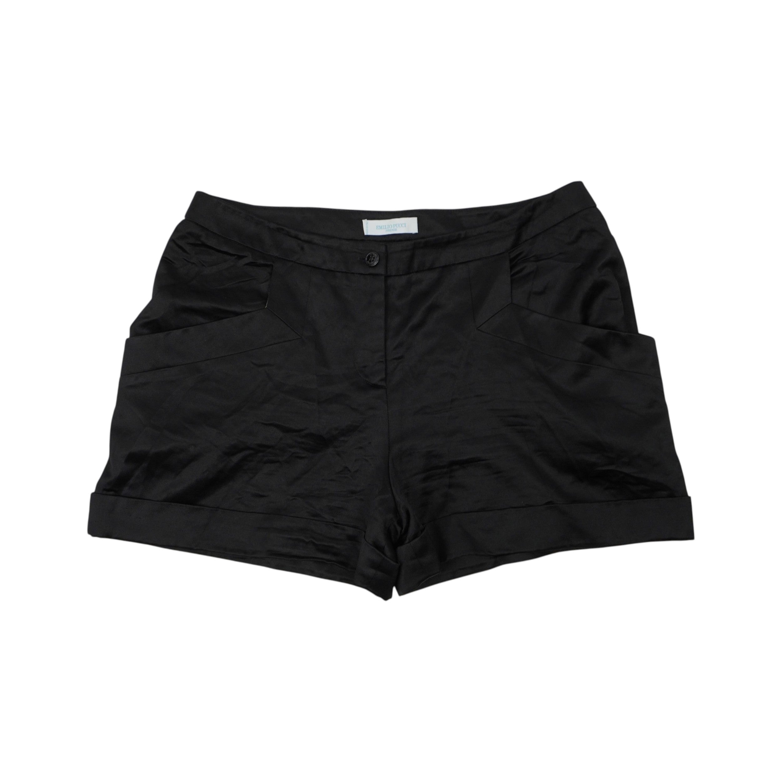 Pantaloncini sartoriali neri Emilio Pucci in misto cotone e seta, vista frontale su sfondo bianco.
