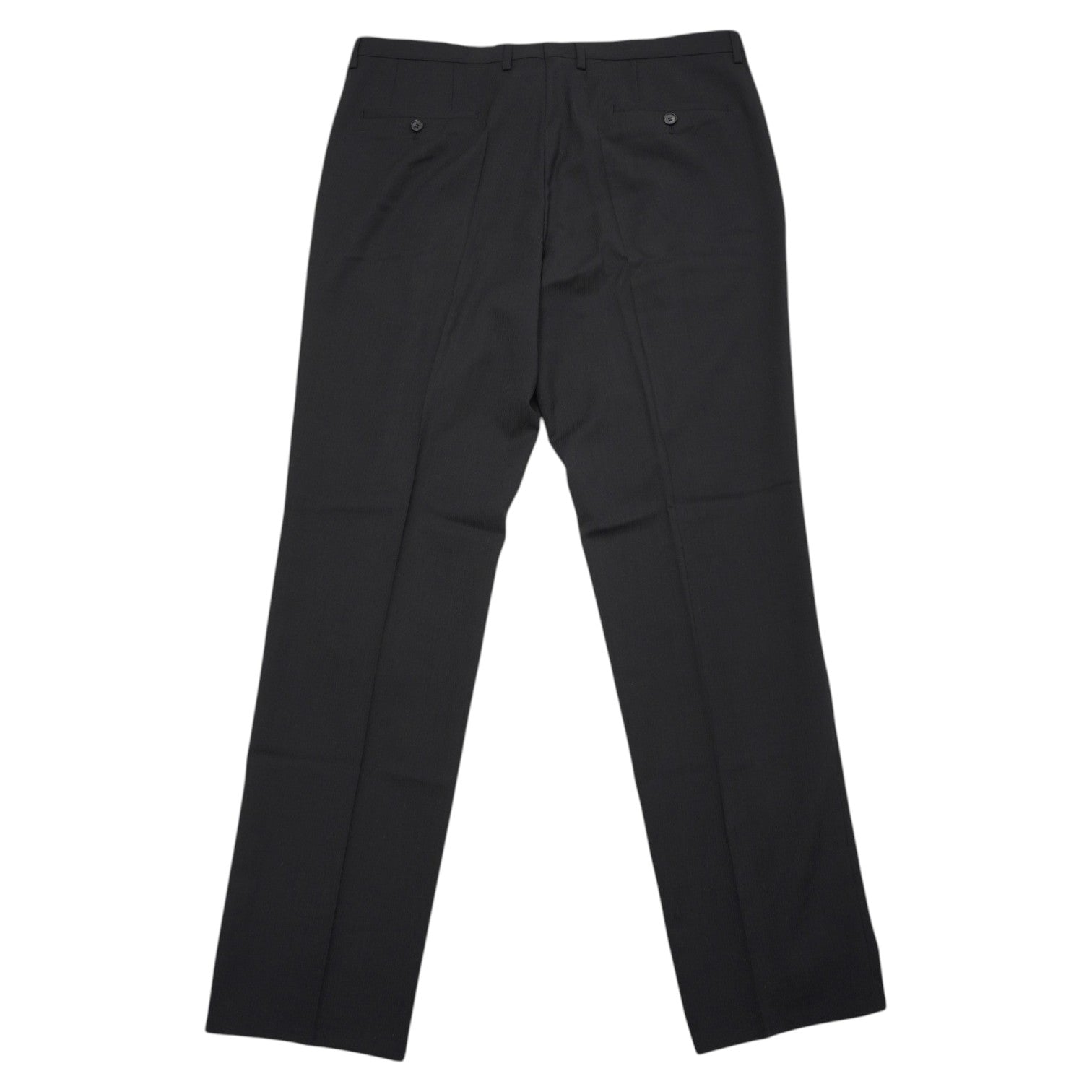 Vista posteriore completa dei pantaloni sartoriali neri BOSS con focus sul posizionamento delle tasche a filetto.