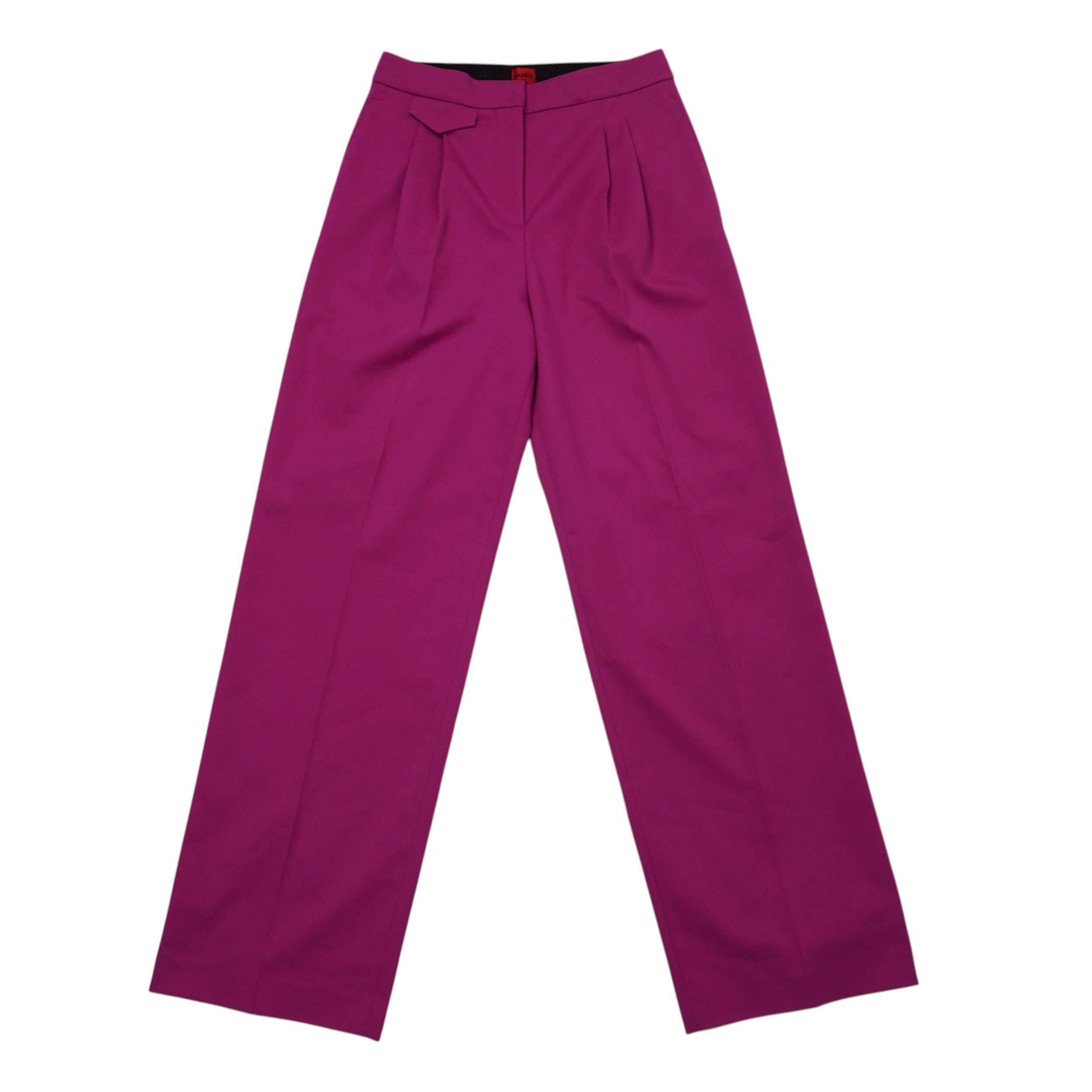 Vista frontale distesa dei pantaloni HUGO magenta, taglio classico regular fit con piega sartoriale.