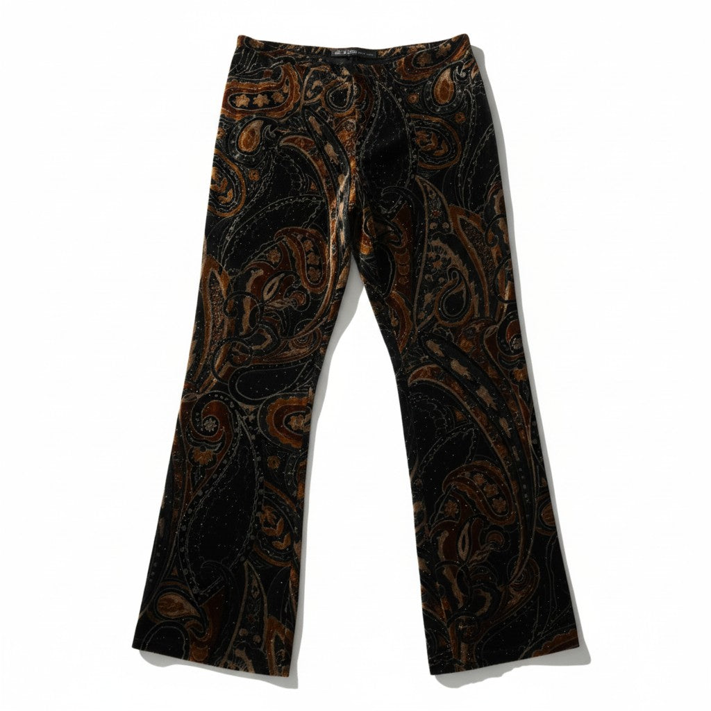 Pantaloni a zampa Class Roberto Cavalli in velluto nero e oro con stampa paisley vista frontale