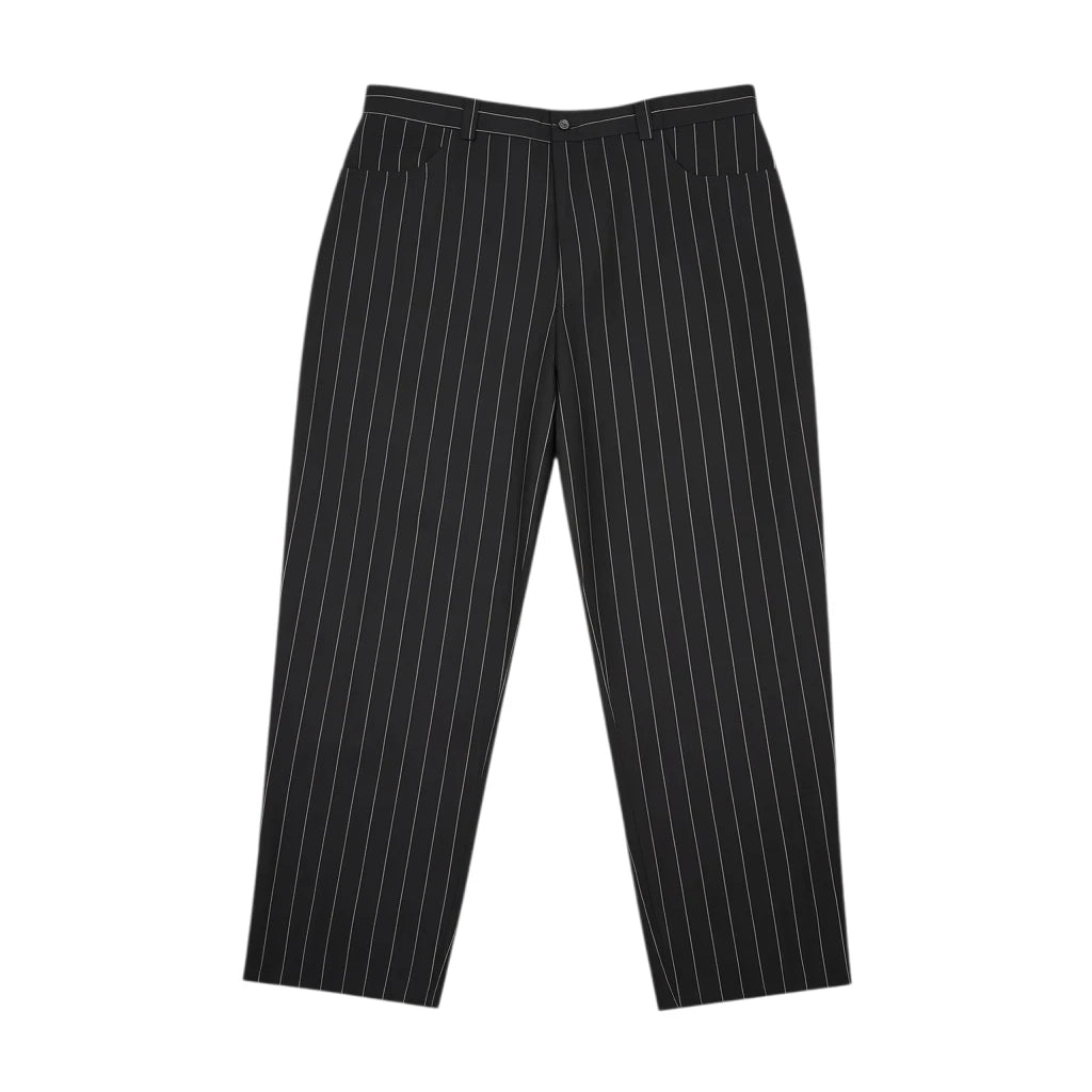 Pantaloni gessati neri Versus Gianni Versace d'archivio su sfondo bianco, vista frontale intera.