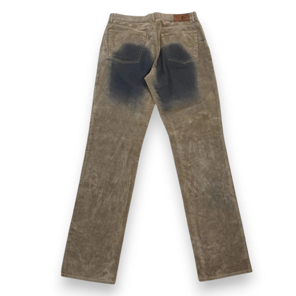 Vista posteriore intera dei pantaloni Just Cavalli vintage a gamba dritta con spray blu scuro concentrato sulle tasche e sul cavallo.