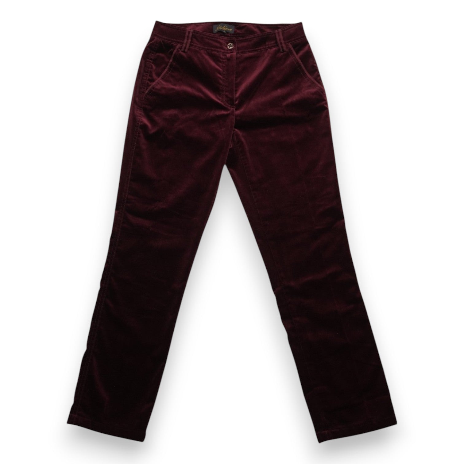 Vista frontale completa dei pantaloni eleganti in velluto bordeaux Luisa Spagnoli su sfondo bianco.